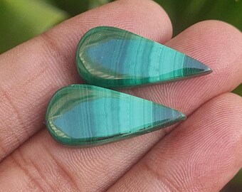 Natural Malachite Cabochon Pair: Green Pear Gemstone, 26x12
