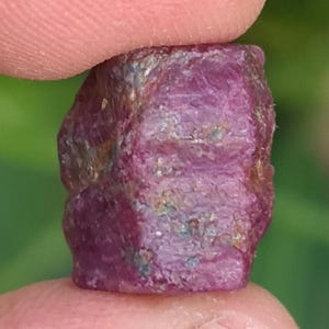 May include: A rough, uncut ruby gemstone with a deep pinkish-red hue. The surface has a textured appearance with hints of green and gray. The gemstone is held between two fingers, showcasing its natural, raw form. This is a natural gemstone.