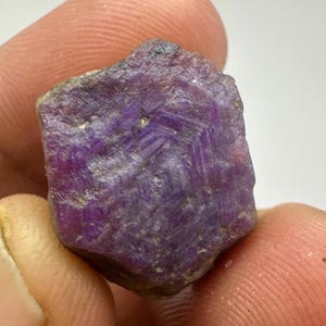Puede incluir: Una gema de rubí en bruto, sin cortar, de color púrpura intenso. La superficie tiene un aspecto rugoso y texturizado con estructuras cristalinas visibles. La gema se sostiene entre los dedos, mostrando su forma y color naturales.