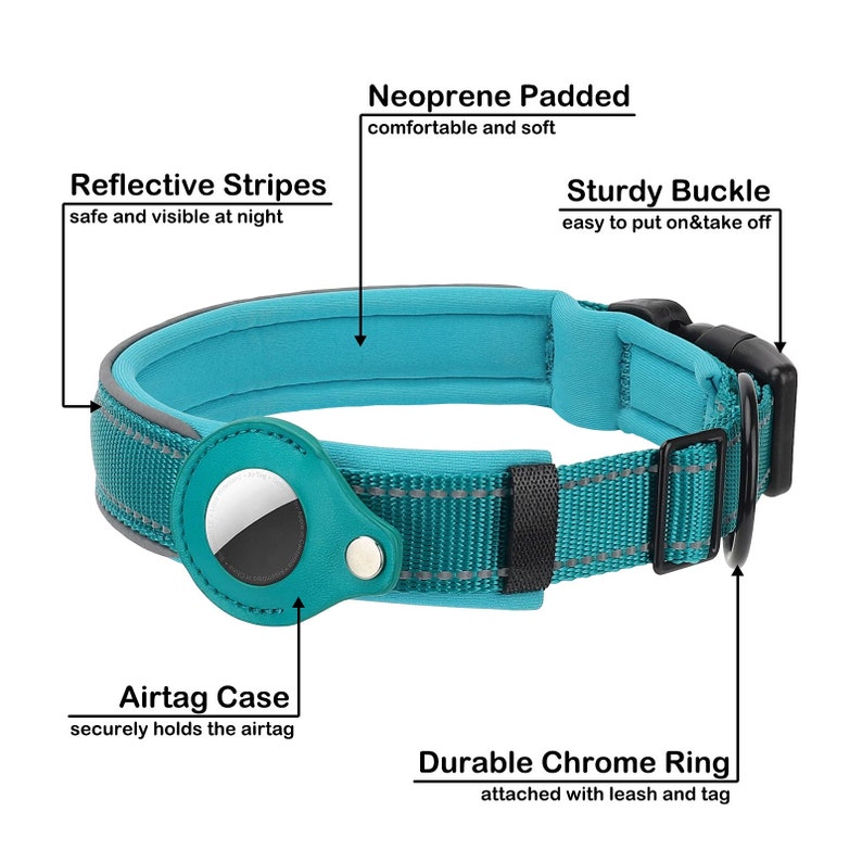Pode incluir: Uma coleira de cachorro azul turquesa com fivela preta, listras reflexivas e forro acolchoado de neoprene. A coleira tem um anel cromado dur&aacute;vel para prender uma trela e uma caixa para um AirTag.