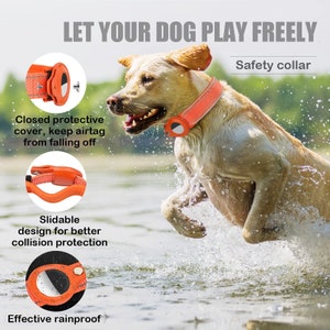 Pode incluir: Um c&atilde;o amarelo usando um colar de seguran&ccedil;a laranja com uma etiqueta AirTag preta e cinza. O colar tem uma capa protetora para evitar que a etiqueta AirTag caia. O c&atilde;o est&aacute; correndo pela &aacute;gua. O texto "LET YOUR DOG PLAY FREELY" est&aacute; no topo da imagem. O texto "Safety collar" est&aacute; no canto superior direito da imagem. O texto "Closed protective cover, keep airtag from falling off" est&aacute; no canto superior esquerdo da imagem. O texto "Slidable design for better collision protection" est&aacute; no canto inferior esquerdo da imagem. O texto "Effective rainproof" est&aacute; no canto inferior esquerdo da imagem.