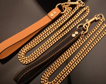 Guia de luxo para cães de porte médio e grande, em aço inoxidável com corrente banhada a ouro 18K e alça de couro, ideal para cães da raça Pitbull.