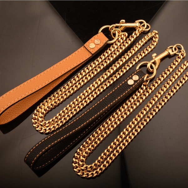 Luxury Design 18K Gold Chain Stainless Steel Dog Leash Leads with Leather Handle for Medium Large Dogs Pitbull Pet Accessories