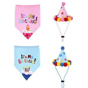Bandana et chapeau d&#39;anniversaire pour chien et chat | Rose ou bleu| Bandana anniversaire animal de compagnie| Chapeau d&#39;anniversaire pour animal de compagnie | Bandanas et chapeaux| Cadeau d&#39;anniversaire pour chat et chien