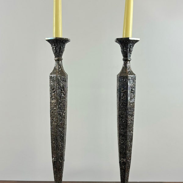 Pair of Barbour SP Co. Ornate Repousse Candlesticks Dutch Colonial Scene 1890's