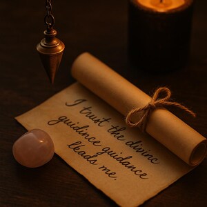 May include: A lit candle in a dark brown holder next to a rolled scroll tied with twine. A rose quartz crystal and a pendulum hang above a paper with the text "I trust the divine guidance leads me."