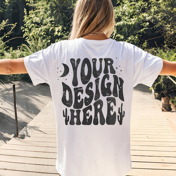 Back white Bella Canvas 3001 mockup - Tshirt Model oversized mockup - Boho beach mockup - Unisex BC 3001 tee mockup - Backside mockup