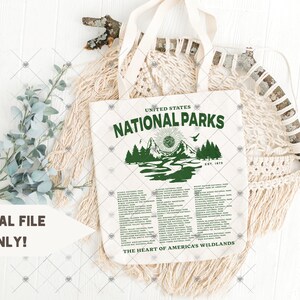 May include: A white tote bag with a green graphic of a mountain scene and the text "United States National Parks Est. 1916 The Heart of America's Wildlands". The bag has a list of all the national parks in the United States.