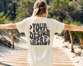 Back natural Bella Canvas 3001 mockup - Tshirt Model oversized mockup - Boho beach mockup - Unisex BC 3001 tee mockup - Backside mockup