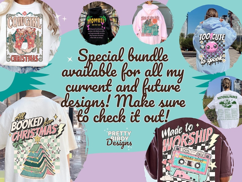 May include: A promotional image showcasing various t-shirts and hoodies with graphic designs. Designs include a "Cowgirl Christmas" sweatshirt, a black hoodie with "Mombie" text, a pink hoodie, a blue hoodie with a cartoon spider, a white t-shirt with "National Parks" text, a cream t-shirt with "All Booked for Christmas" text, and a maroon t-shirt with "Made to Worship" text.