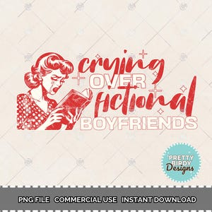 Puede incluir: Diseño gráfico rojo y blanco con una mujer leyendo un libro y el texto "Crying over fictional boyfriends".