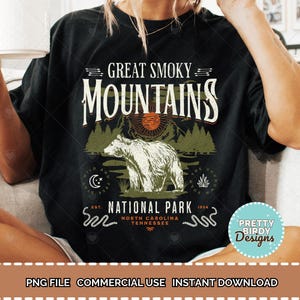 Vintage Great Smoky Mountain National Park camisa sublimação PNG design, Granola girl estética PNG Vida selvagem PNG camisa de caminhada Parques nacionais