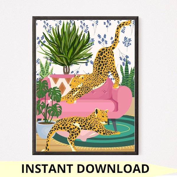 INSTANT DOWNLOAD Jungle Living Room Art Print, Leopard poster, Botanical wall, Big Cat Wild Animal Safari Zoo African Plants Fun Maximalist