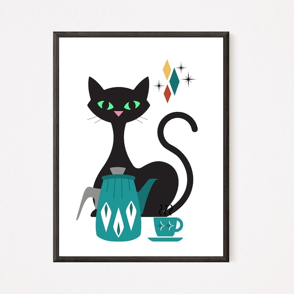 SOFORTIGER DOWNLOAD Atomic Cat Coffee Print, MCM Poster, Küchen Wand Kunst, 1950er Jahre Mid Mod Teekanne, Katzen Liebhaber Geschenk, 50er Jahre Home Decor