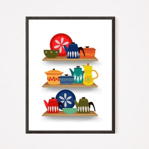 May include: A colorful illustration of a kitchen shelf with various vintage-style teapots, bowls, and pots. The items are arranged in three rows on the shelf, with a red and white flower design on the top shelf.