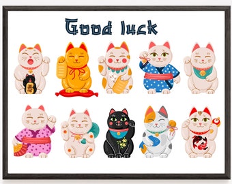 INSTANT DOWNLOAD Maneki Neko Art Print, Lucky Cat poster, Good Luck Quote wall art, Japanese Chinese Asian, New Job Moving Leaving Work Gift