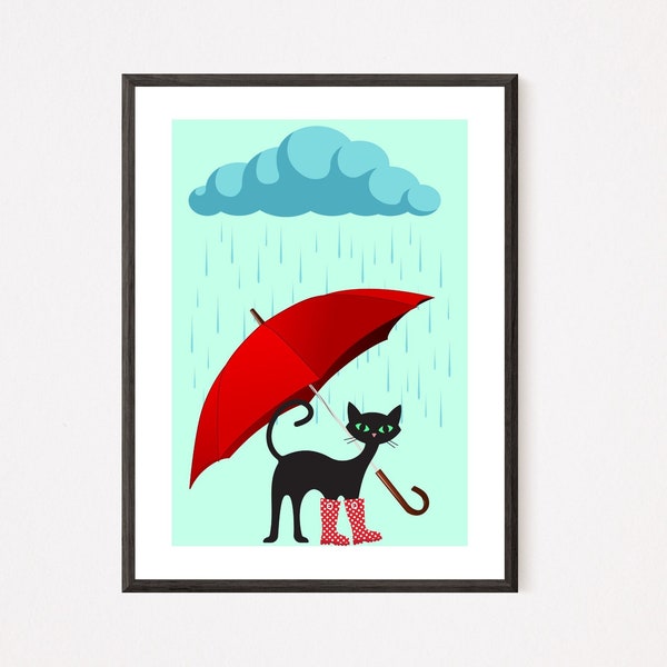 TÉLÉCHARGEMENT INSTANTANÉ Atomic Cat in Rain Art Print, MCM Black Cat Wall Art, Umbrella Wellies Gumboots, Kids Room Poster, Rainy Day Illustration