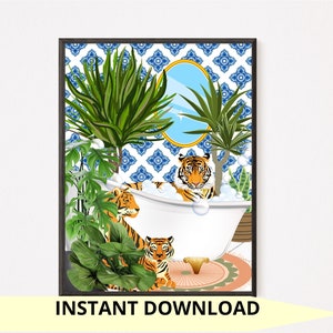 INSTANT DOWNLOAD Jungle Bathtub Art Print, Tiger poster, Bathroom wall art, Big Cat Bath Tub Bathing Wild Animal Shower Botanical Plants