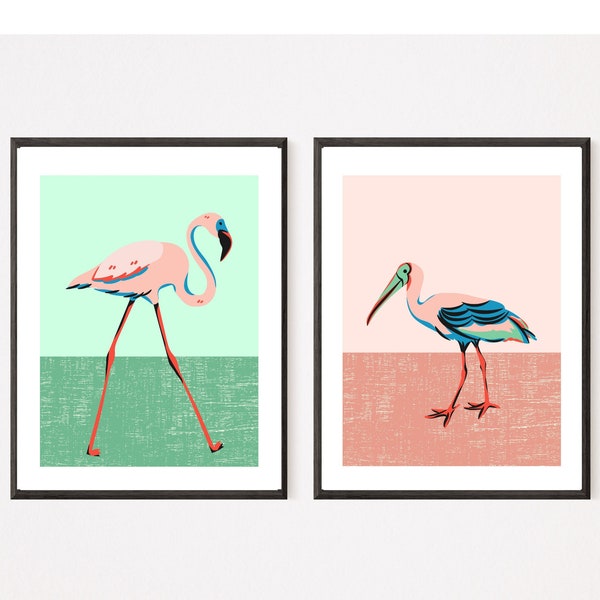 INSTANT DOWNLOAD Retro Flamingo and Stork Art Print, Set of 2, Wild Bird poster, Mid Century Modern MCM 50s style wall art Teal Pink Pastel