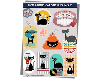 Mid Century Modern Atomic Cat STICKERS, Downloadable Printable MCM 1950s Fifties Retro Cats, Cat Mom Gift 50s Style Instant Download Mod Cat
