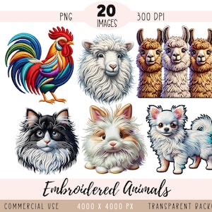 May include: A set of 20 embroidered animal illustrations, including a rooster, sheep, llama, cat, and chihuahua. The images are in PNG format, 300 DPI, and have a transparent background. They are 4000 x 4000 pixels in size and are for commercial use.