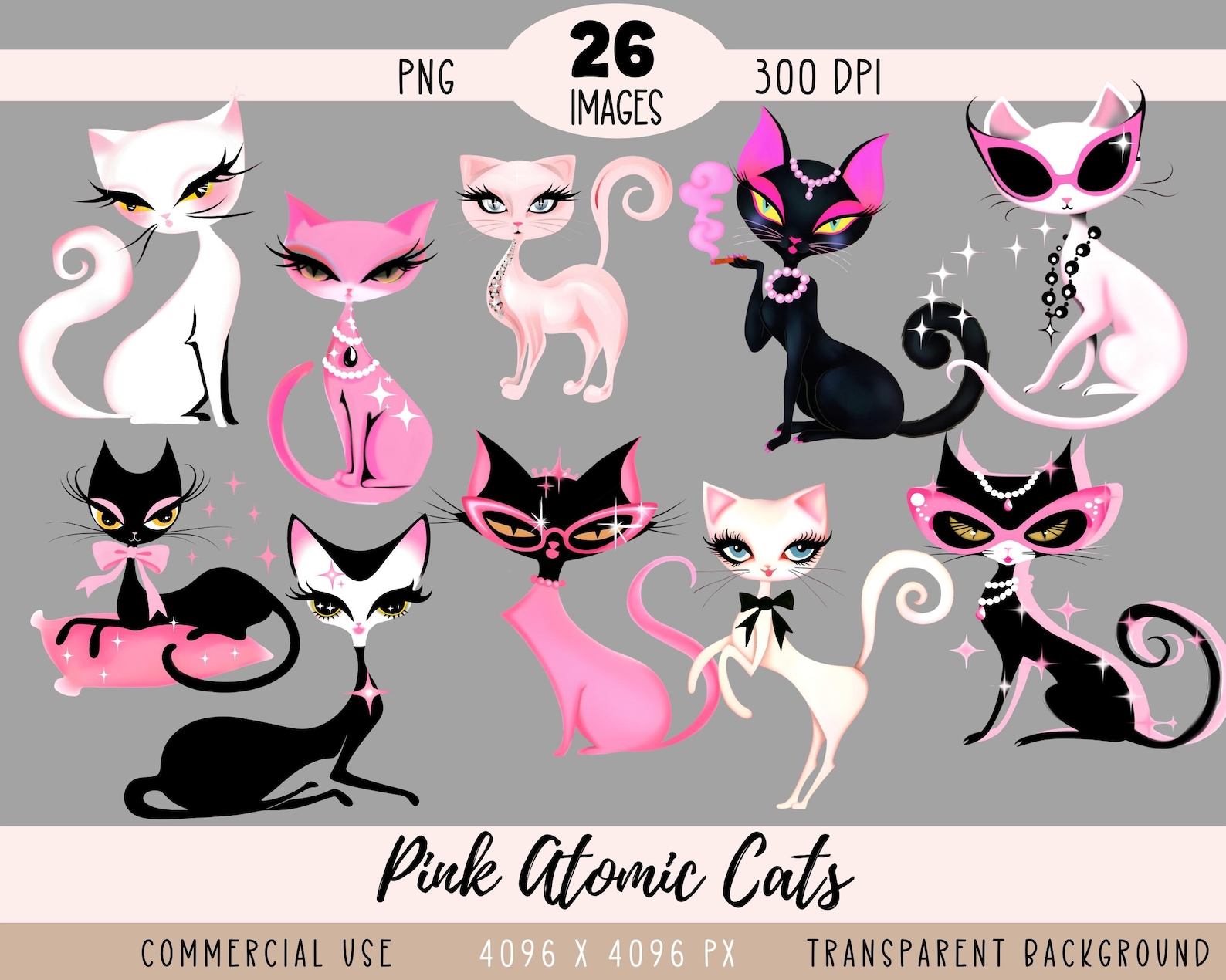 Atomic Cats CLIPART PNG File, Pink Cat Sublimation, 50s Style Mid Mod ...