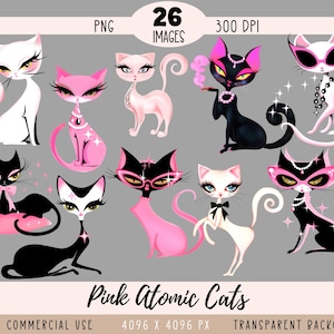 May include: A collection of stylized cat illustrations in various poses and colors, including pink, black, and white. Some cats wear sunglasses, jewelry, and bows. The text "Pink Atomic Cats" is displayed at the bottom.