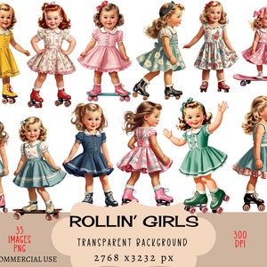 Rolschaatsen meisjes CLIPART PNG-bestanden Commercieel gebruik Transparante achtergrond Skateboard Schaatsen Vintage Retro schattig klein jurkje ongewenste Journal