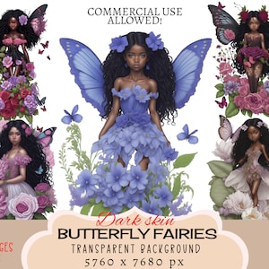 Farfalle fate pelle scura CLIPART file PNG, uso commerciale, sfondo trasparente, melanina fiaba fiori floreali Junk Journal Kids
