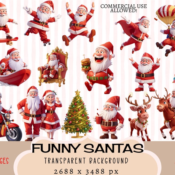 Funny Santa Clause CLIPART PNG Files, Commercial use Transparent background Christmas Tree Reindeer Skating Biker Superhero Fun Junk Journal