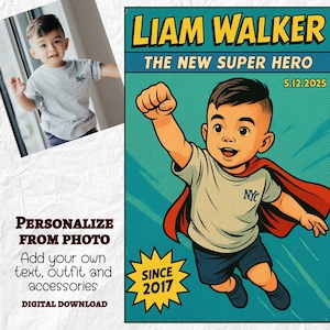Personalisierte Comic Magazin Abdeckung, Superheld nach Foto, Personalisierte Wand Kunst mit Name Einzigartiges Poster Kleines Kind Geschenk Geburtstag Junge