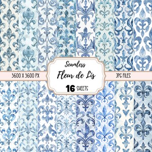 Blue Fleur de Lis Digital Papers JPG, Carta da parati senza soluzione di continuità, Uso commerciale, Fogli di sfondo scaricabili, Carta da parati acquerello Damask