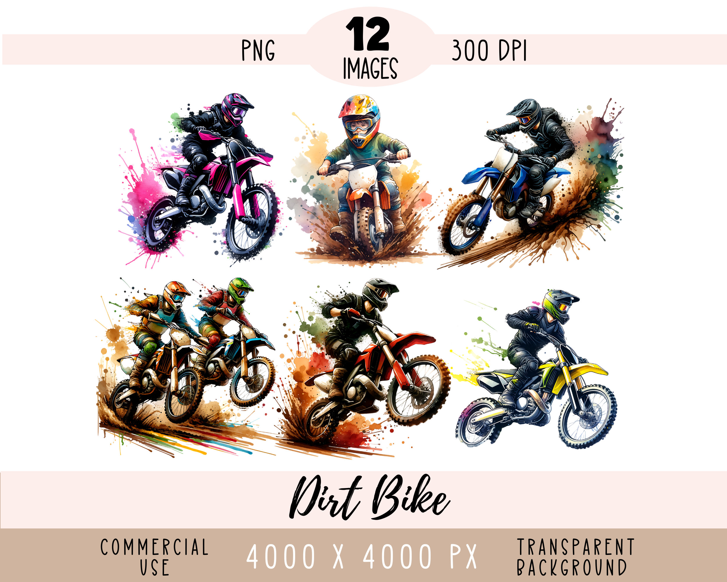 Dirt Bike CLIPART PNG files, Motocross Rider Sublimation, Racing Motorcycle Motorbike Enduro Mud Muddy Commercial use Transparent background