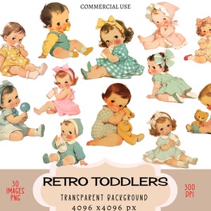 Retro Toddlers Pliki CLIPART PNG Użytek komercyjny Przezroczyste tło Vintage Baby Girl Boy Butelka Smoczek Miś 50s Junk Journal