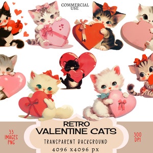 Fichiers PNG CLIPART Chats de la Saint-Valentin à usage commercial Fond transparent Rétro vintage chaton Kitty mignon noeud Années 50 rouge coeur rose Junk Journal