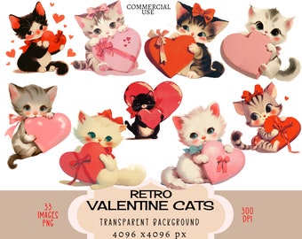 Valentine Cats CLIPART PNG files Commercial use Transparent background Retro Vintage Kitten Cute Kitty Bow 50s Red Pink Heart Junk Journal
