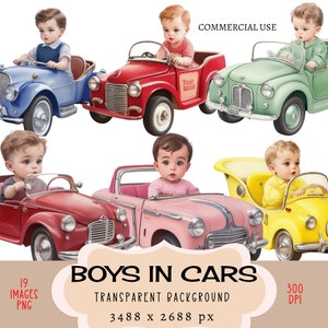 Meninos em carros CLIPART Arquivos PNG Uso comercial Fundo transparente Bonito Vintage Retro Colorido Veículo Boxcar Racing Junk Journal