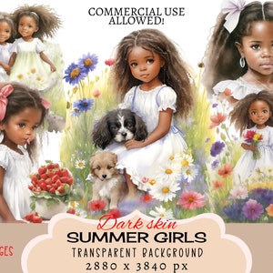 Zomer meisjes donkere huid CLIPART PNG-bestanden, commercieel gebruik, transparante achtergrond, melanine bloemen Floral Meadow kleurrijke ongewenste Journal Kids