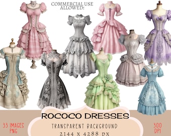 Rococo Dress CLIPART PNG files Commercial use Transparent background Pink Beige Old Vintage Fashion Outfit Stickers Junk Journal Planner