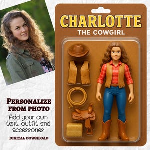 Cowgirl personnalisée dans une boîte, figurine articulée sur mesure à partir d'une photo, nom d'art mural personnel, poster 3D unique, cadeau pour maman, cadeau pour collègue
