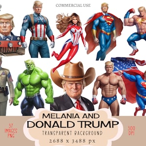 Fichiers Donald Trump CLIPART PNG, usage commercial, fond transparent, super héros super héros président américain Melania Patriot Junk Journal
