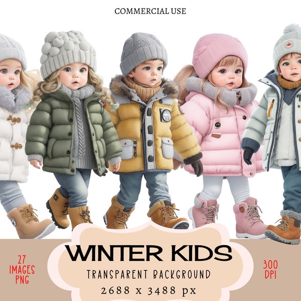 Fichiers PNG CLIPART d'hiver pour enfants à usage commercial Fond transparent petits garçons filles doudoune bonnet pull tenue bottes enfants