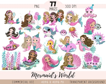 Fichiers sirènes CLIPART PNG, créatures sous-marines roses girly, usage Commercial fond Transparent