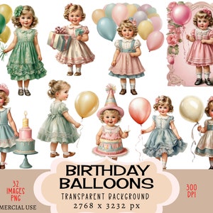 Geburtstags-Luftballons CLIPART PNG-Dateien Kommerzielle Nutzung Transparenter Hintergrund Vintage Retro Mädchen Pastell Süßer Kuchen Niedlich Shabby Chic Junk Journal