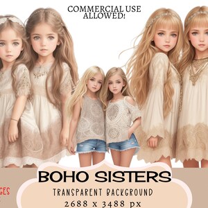 Boho Girls Sisters CLIPART PNG-bestanden, Commercieel gebruik, Transparante achtergrond, Cute Little Kids Gypsy Dress Boho Shabby Chic Junk Journal