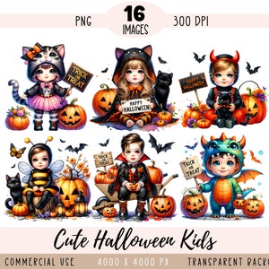 Halloween Kids CLIPART PNG-bestanden, kleine meisjes jongens sublimatie, Bee pompoen heks vampier kat kostuum commercieel gebruik transparante achtergrond