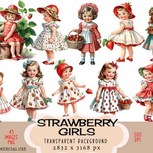 Erdbeer Mädchen CLIPART PNG-Dateien Kommerzielle Nutzung Transparenter Hintergrund Beere Obst Pflanze Kind Kind Sommer Kleid Hut Outfit Junk Journal