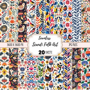 Skandinavische Volkskunst Digital Papers JPG, Seamless Crafting Paper, kommerzielle Nutzung, herunterladbarer Hintergrund, Scandi Birds Leaves Wallpaper