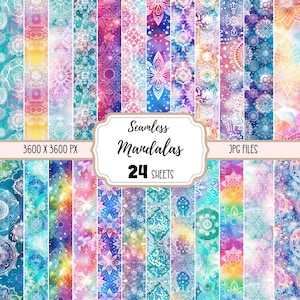 Mandala Digital Papers JPG, Carta da parati senza soluzione di continuità, Uso commerciale, Fogli di sfondo scaricabili, Carta da parati colorata, Meditazione arcobaleno