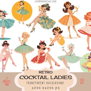 Cocktail Ladies CLIPART PNG file Uso commerciale Sfondo trasparente Abito vintage retrò Bevande alcoliche Bar Bevande anni '50 Ragazza Junk Journal